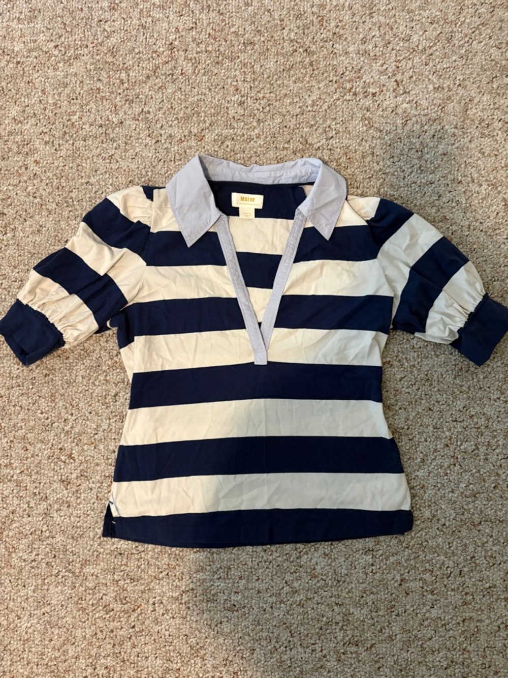 Anthropologie Maeve Women’s Navy and Cream Striped Polo Top